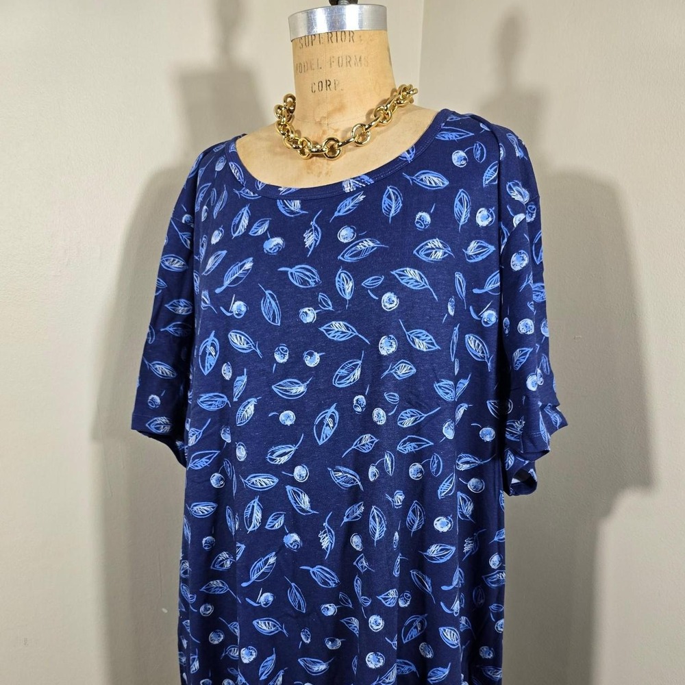 Woman Within 5X 38/40 navy blue leaf print cotton top